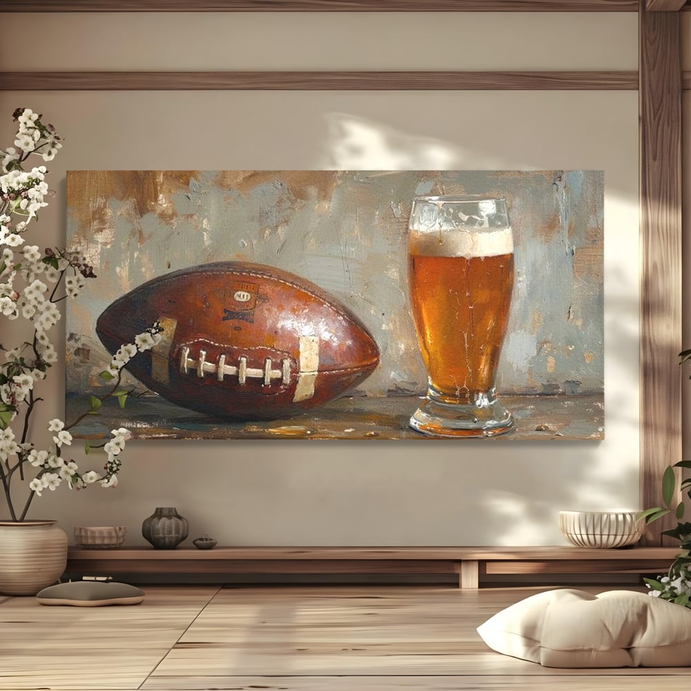 Leinwand Premium Canvas Wandkunst, LuxCanva® N1024, Getränk der Champions, Fußball, Amerikanisch, Ball, Bier, Glas, Schaum, Sport, Spiel, Entspannung, Entspannung, Sieg, Rustikal, Kneipe, Bar, Restaurant, Küche