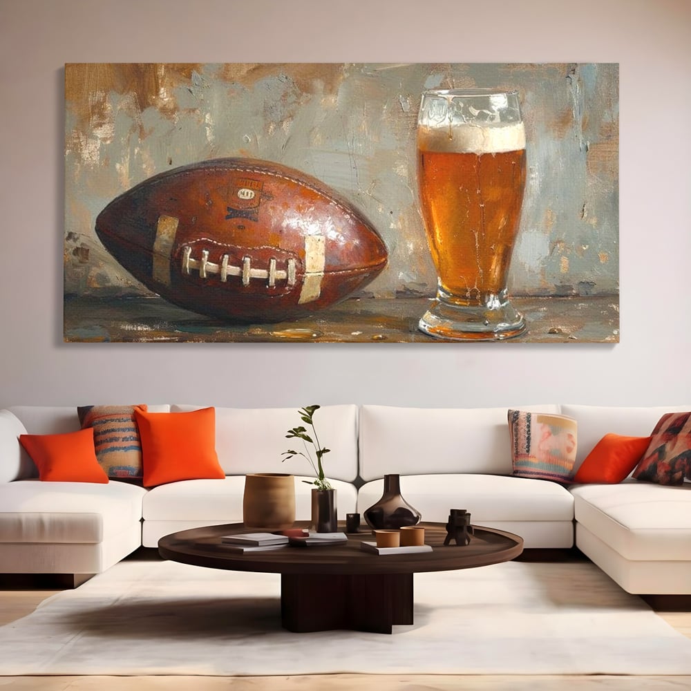 Leinwand Premium Canvas Wandkunst, LuxCanva® N1024, Getränk der Champions, Fußball, Amerikanisch, Ball, Bier, Glas, Schaum, Sport, Spiel, Entspannung, Entspannung, Sieg, Rustikal, Kneipe, Bar, Restaurant, Küche