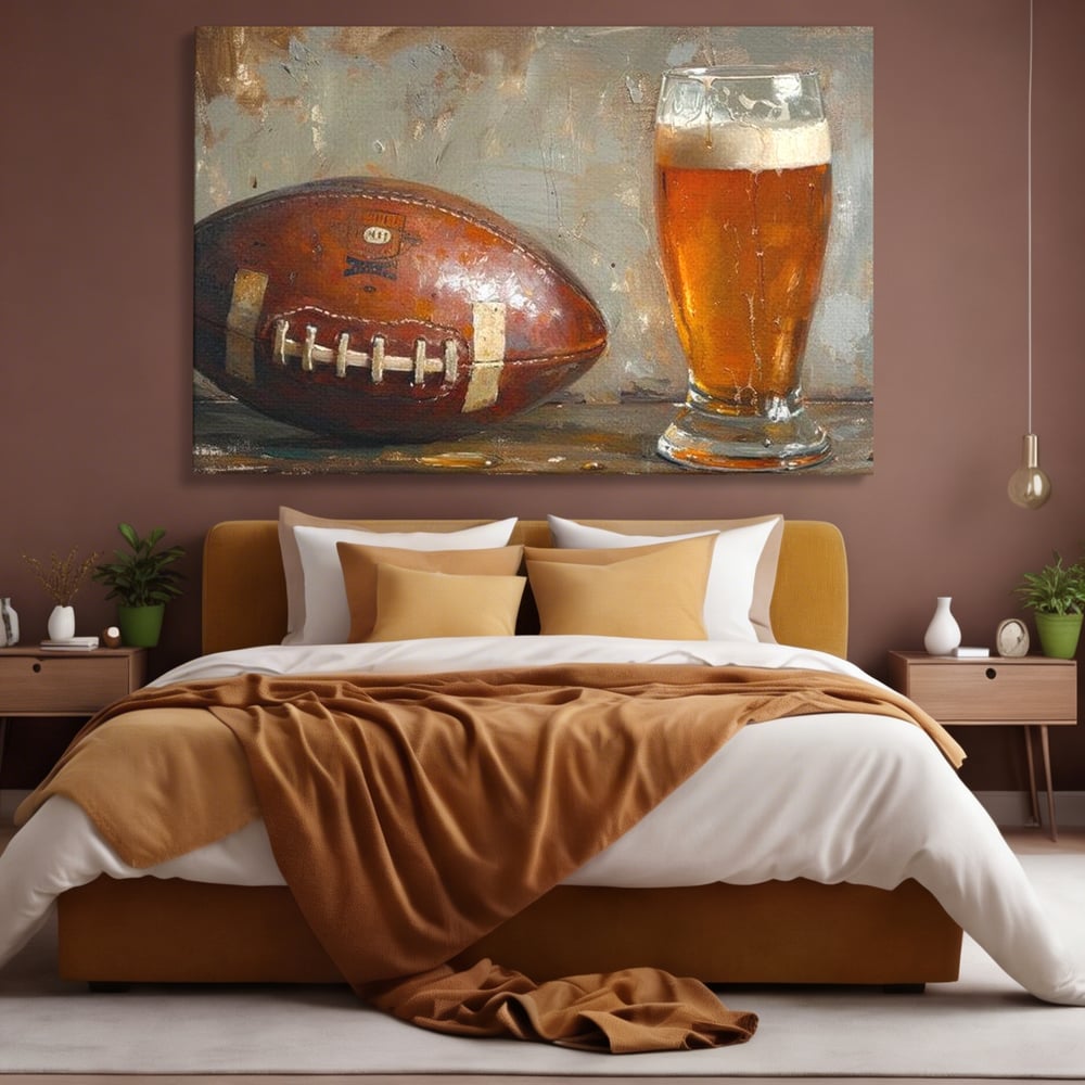 Leinwand Premium Canvas Wandkunst, LuxCanva® N1024, Getränk der Champions, Fußball, Amerikanisch, Ball, Bier, Glas, Schaum, Sport, Spiel, Entspannung, Entspannung, Sieg, Rustikal, Kneipe, Bar, Restaurant, Küche
