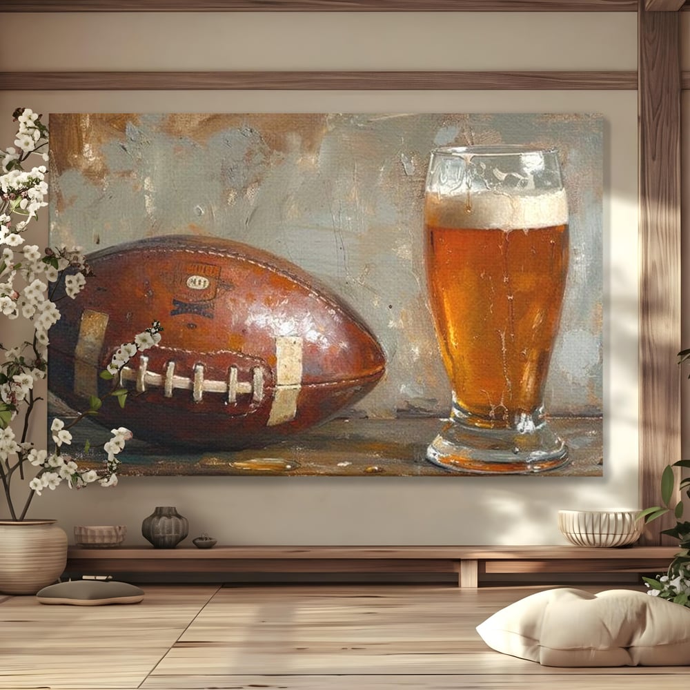 Leinwand Premium Canvas Wandkunst, LuxCanva® N1024, Getränk der Champions, Fußball, Amerikanisch, Ball, Bier, Glas, Schaum, Sport, Spiel, Entspannung, Entspannung, Sieg, Rustikal, Kneipe, Bar, Restaurant, Küche