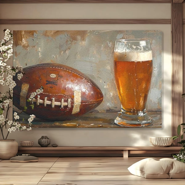 Leinwand Premium Canvas Wandkunst, LuxCanva® N1024, Getränk der Champions, Fußball, Amerikanisch, Ball, Bier, Glas, Schaum, Sport, Spiel, Entspannung, Entspannung, Sieg, Rustikal, Kneipe, Bar, Restaurant, Küche