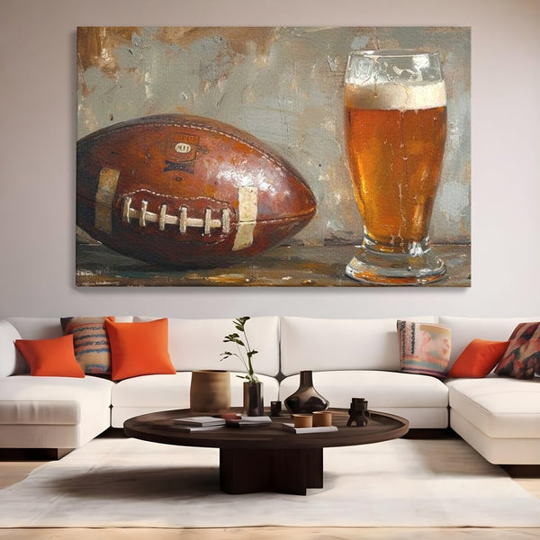 Leinwand Premium Canvas Wandkunst, LuxCanva® N1024, Getränk der Champions, Fußball, Amerikanisch, Ball, Bier, Glas, Schaum, Sport, Spiel, Entspannung, Entspannung, Sieg, Rustikal, Kneipe, Bar, Restaurant, Küche