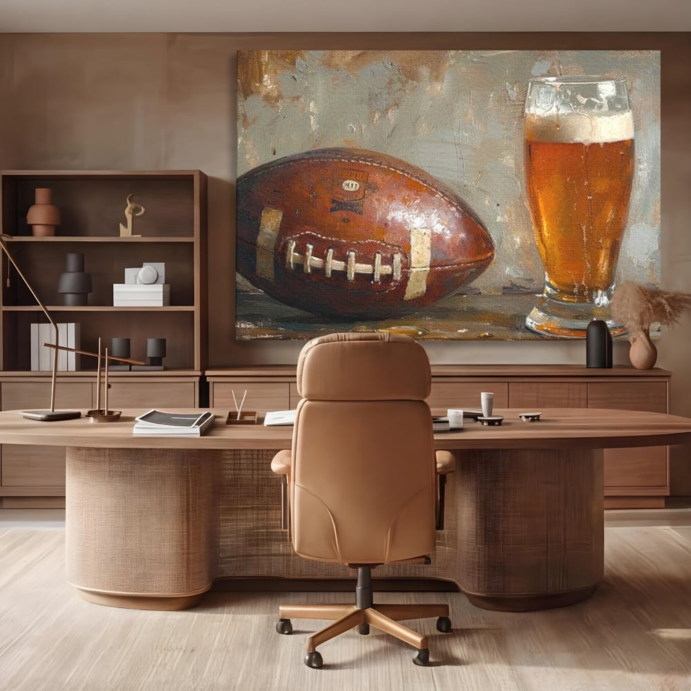 Leinwand Premium Canvas Wandkunst, LuxCanva® N1024, Getränk der Champions, Fußball, Amerikanisch, Ball, Bier, Glas, Schaum, Sport, Spiel, Entspannung, Entspannung, Sieg, Rustikal, Kneipe, Bar, Restaurant, Küche