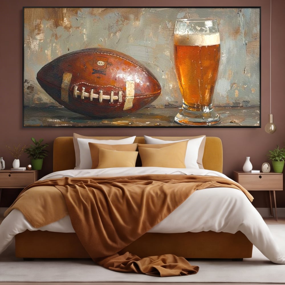 Leinwand Premium Canvas Wandkunst, LuxCanva® N1024, Getränk der Champions, Fußball, Amerikanisch, Ball, Bier, Glas, Schaum, Sport, Spiel, Entspannung, Entspannung, Sieg, Rustikal, Kneipe, Bar, Restaurant, Küche