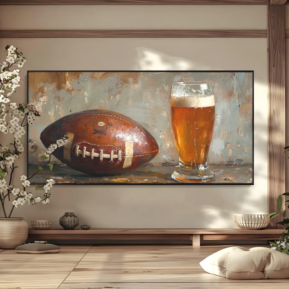 Leinwand Premium Canvas Wandkunst, LuxCanva® N1024, Getränk der Champions, Fußball, Amerikanisch, Ball, Bier, Glas, Schaum, Sport, Spiel, Entspannung, Entspannung, Sieg, Rustikal, Kneipe, Bar, Restaurant, Küche