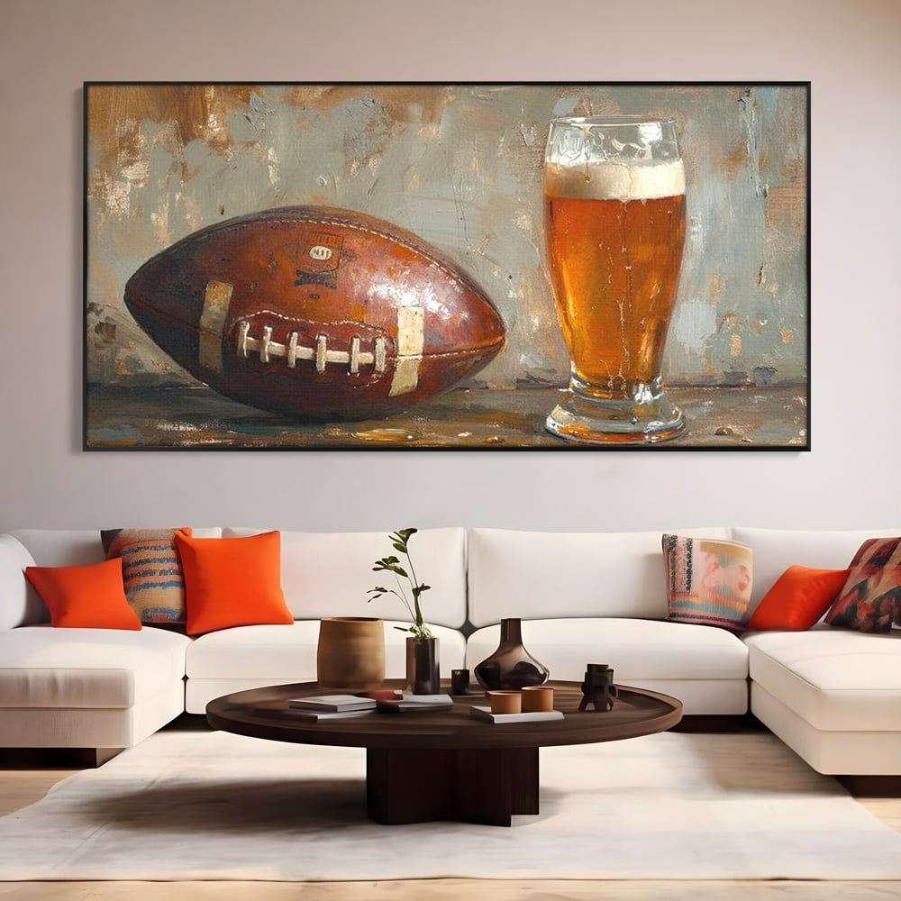Leinwand Premium Canvas Wandkunst, LuxCanva® N1024, Getränk der Champions, Fußball, Amerikanisch, Ball, Bier, Glas, Schaum, Sport, Spiel, Entspannung, Entspannung, Sieg, Rustikal, Kneipe, Bar, Restaurant, Küche