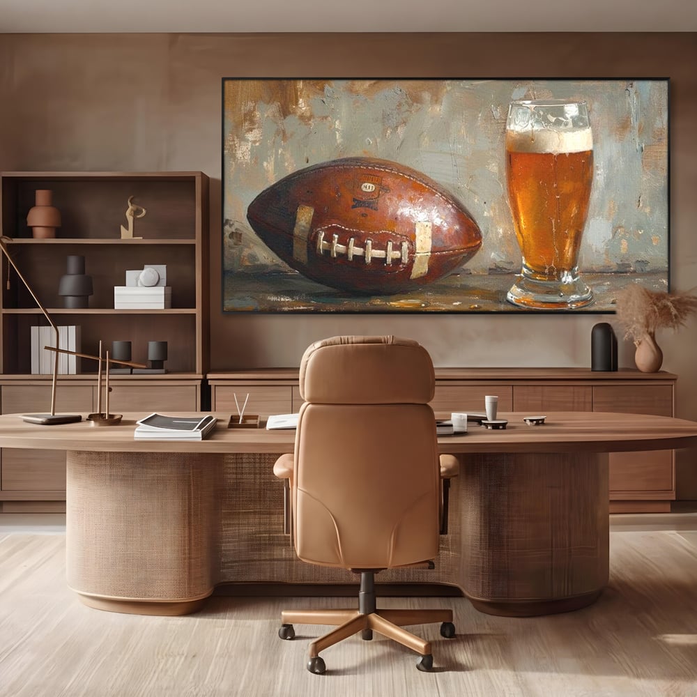 Leinwand Premium Canvas Wandkunst, LuxCanva® N1024, Getränk der Champions, Fußball, Amerikanisch, Ball, Bier, Glas, Schaum, Sport, Spiel, Entspannung, Entspannung, Sieg, Rustikal, Kneipe, Bar, Restaurant, Küche