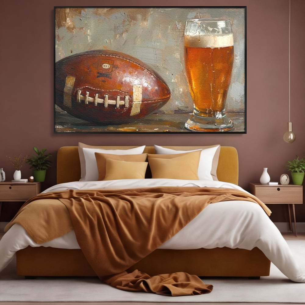 Leinwand Premium Canvas Wandkunst, LuxCanva® N1024, Getränk der Champions, Fußball, Amerikanisch, Ball, Bier, Glas, Schaum, Sport, Spiel, Entspannung, Entspannung, Sieg, Rustikal, Kneipe, Bar, Restaurant, Küche