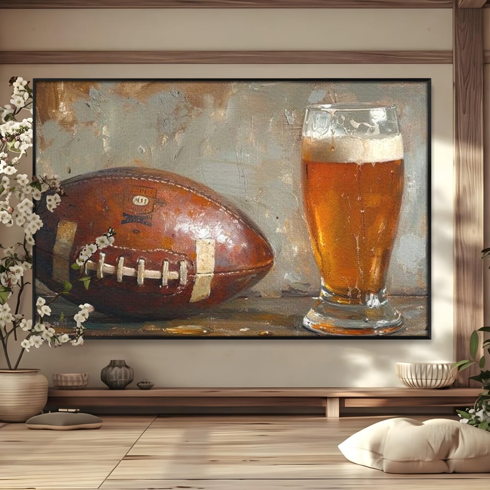 Leinwand Premium Canvas Wandkunst, LuxCanva® N1024, Getränk der Champions, Fußball, Amerikanisch, Ball, Bier, Glas, Schaum, Sport, Spiel, Entspannung, Entspannung, Sieg, Rustikal, Kneipe, Bar, Restaurant, Küche