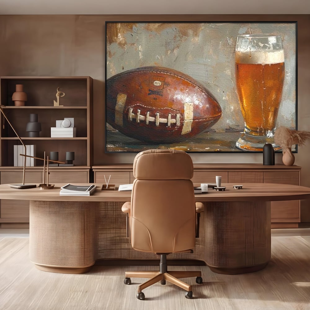 Leinwand Premium Canvas Wandkunst, LuxCanva® N1024, Getränk der Champions, Fußball, Amerikanisch, Ball, Bier, Glas, Schaum, Sport, Spiel, Entspannung, Entspannung, Sieg, Rustikal, Kneipe, Bar, Restaurant, Küche