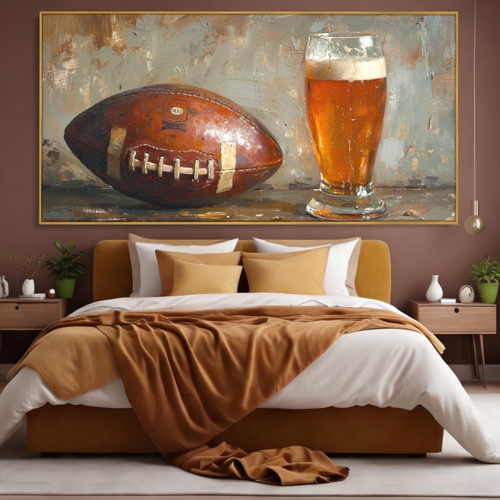 Leinwand Premium Canvas Wandkunst, LuxCanva® N1024, Getränk der Champions, Fußball, Amerikanisch, Ball, Bier, Glas, Schaum, Sport, Spiel, Entspannung, Entspannung, Sieg, Rustikal, Kneipe, Bar, Restaurant, Küche