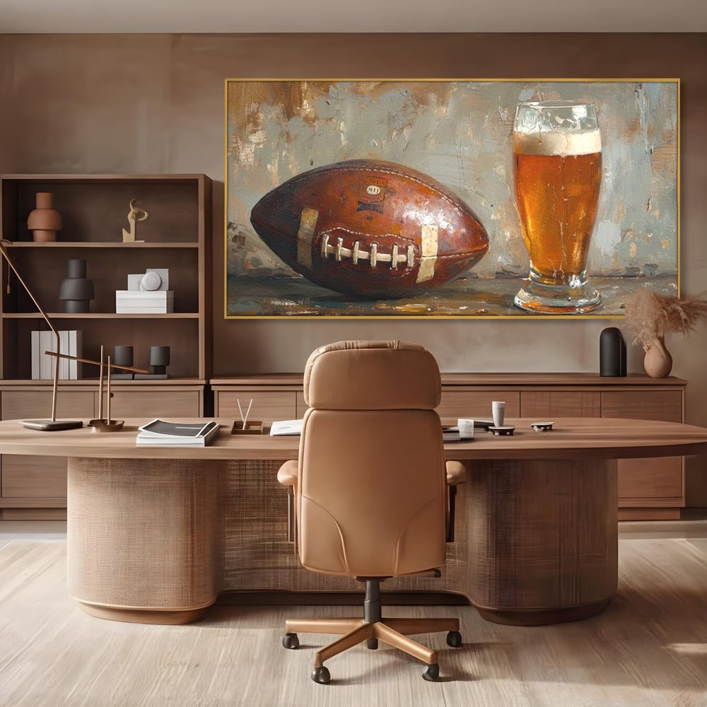 Leinwand Premium Canvas Wandkunst, LuxCanva® N1024, Getränk der Champions, Fußball, Amerikanisch, Ball, Bier, Glas, Schaum, Sport, Spiel, Entspannung, Entspannung, Sieg, Rustikal, Kneipe, Bar, Restaurant, Küche