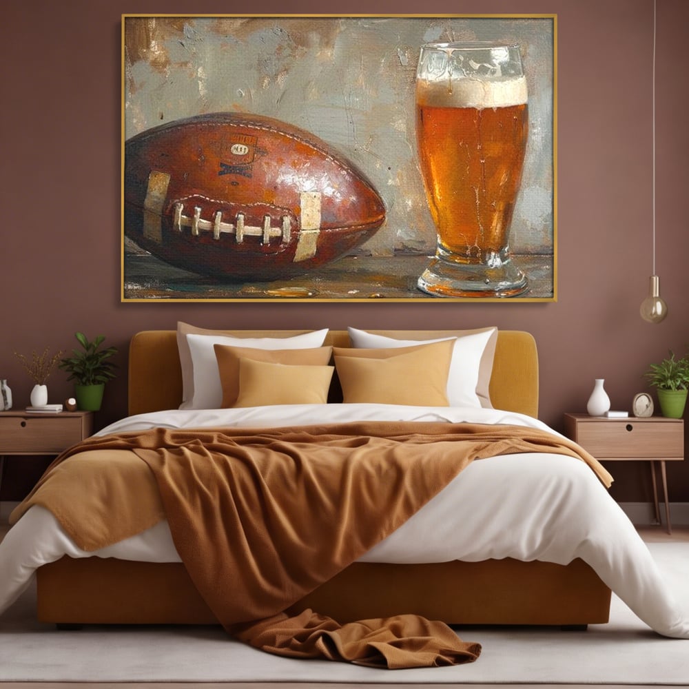 Leinwand Premium Canvas Wandkunst, LuxCanva® N1024, Getränk der Champions, Fußball, Amerikanisch, Ball, Bier, Glas, Schaum, Sport, Spiel, Entspannung, Entspannung, Sieg, Rustikal, Kneipe, Bar, Restaurant, Küche