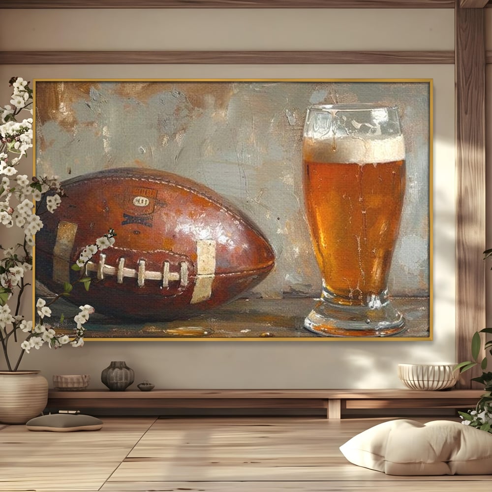 Leinwand Premium Canvas Wandkunst, LuxCanva® N1024, Getränk der Champions, Fußball, Amerikanisch, Ball, Bier, Glas, Schaum, Sport, Spiel, Entspannung, Entspannung, Sieg, Rustikal, Kneipe, Bar, Restaurant, Küche