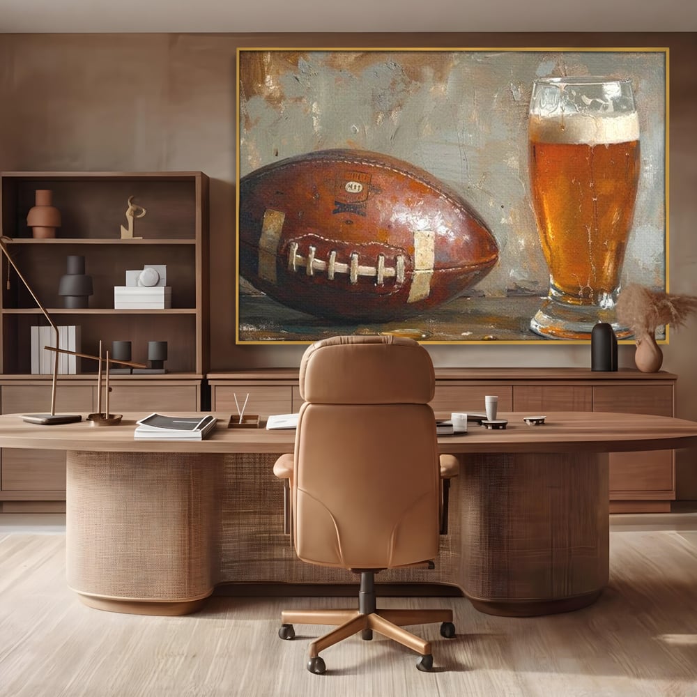 Leinwand Premium Canvas Wandkunst, LuxCanva® N1024, Getränk der Champions, Fußball, Amerikanisch, Ball, Bier, Glas, Schaum, Sport, Spiel, Entspannung, Entspannung, Sieg, Rustikal, Kneipe, Bar, Restaurant, Küche