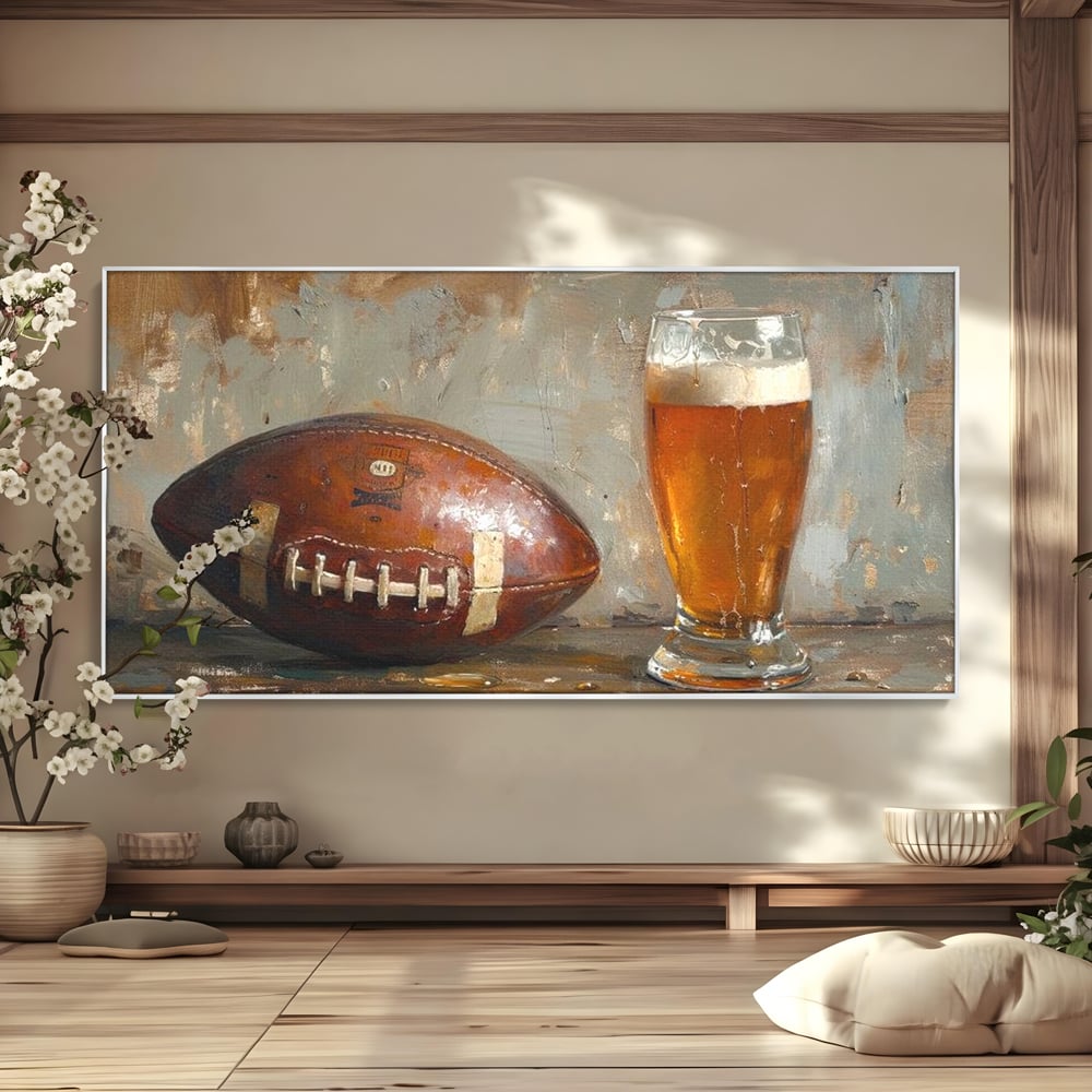 Leinwand Premium Canvas Wandkunst, LuxCanva® N1024, Getränk der Champions, Fußball, Amerikanisch, Ball, Bier, Glas, Schaum, Sport, Spiel, Entspannung, Entspannung, Sieg, Rustikal, Kneipe, Bar, Restaurant, Küche