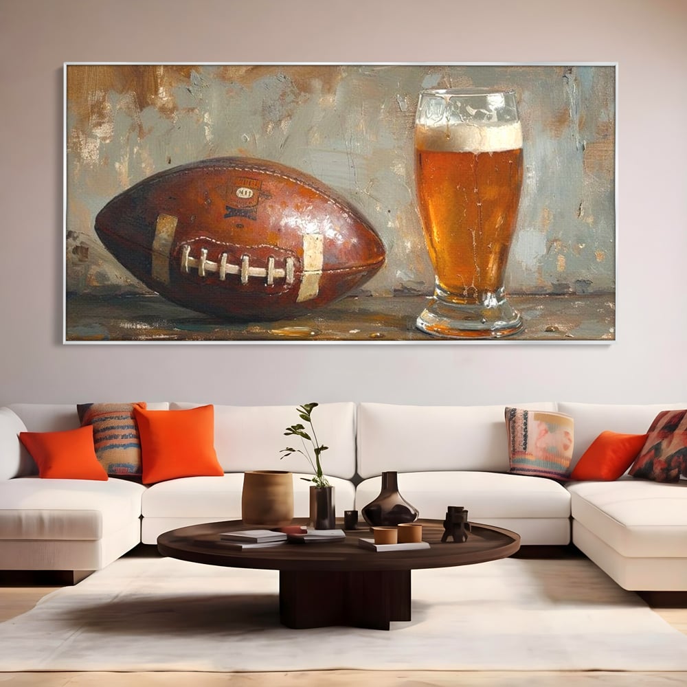 Leinwand Premium Canvas Wandkunst, LuxCanva® N1024, Getränk der Champions, Fußball, Amerikanisch, Ball, Bier, Glas, Schaum, Sport, Spiel, Entspannung, Entspannung, Sieg, Rustikal, Kneipe, Bar, Restaurant, Küche