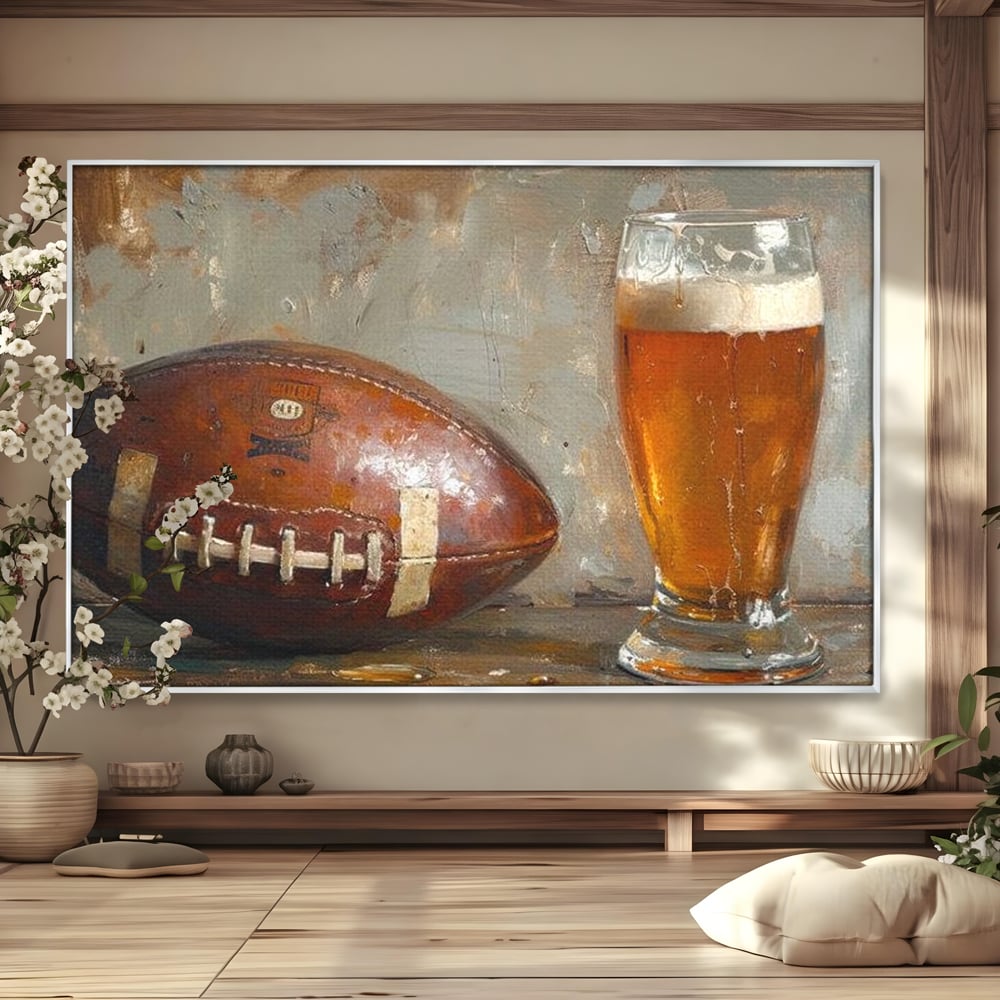 Leinwand Premium Canvas Wandkunst, LuxCanva® N1024, Getränk der Champions, Fußball, Amerikanisch, Ball, Bier, Glas, Schaum, Sport, Spiel, Entspannung, Entspannung, Sieg, Rustikal, Kneipe, Bar, Restaurant, Küche