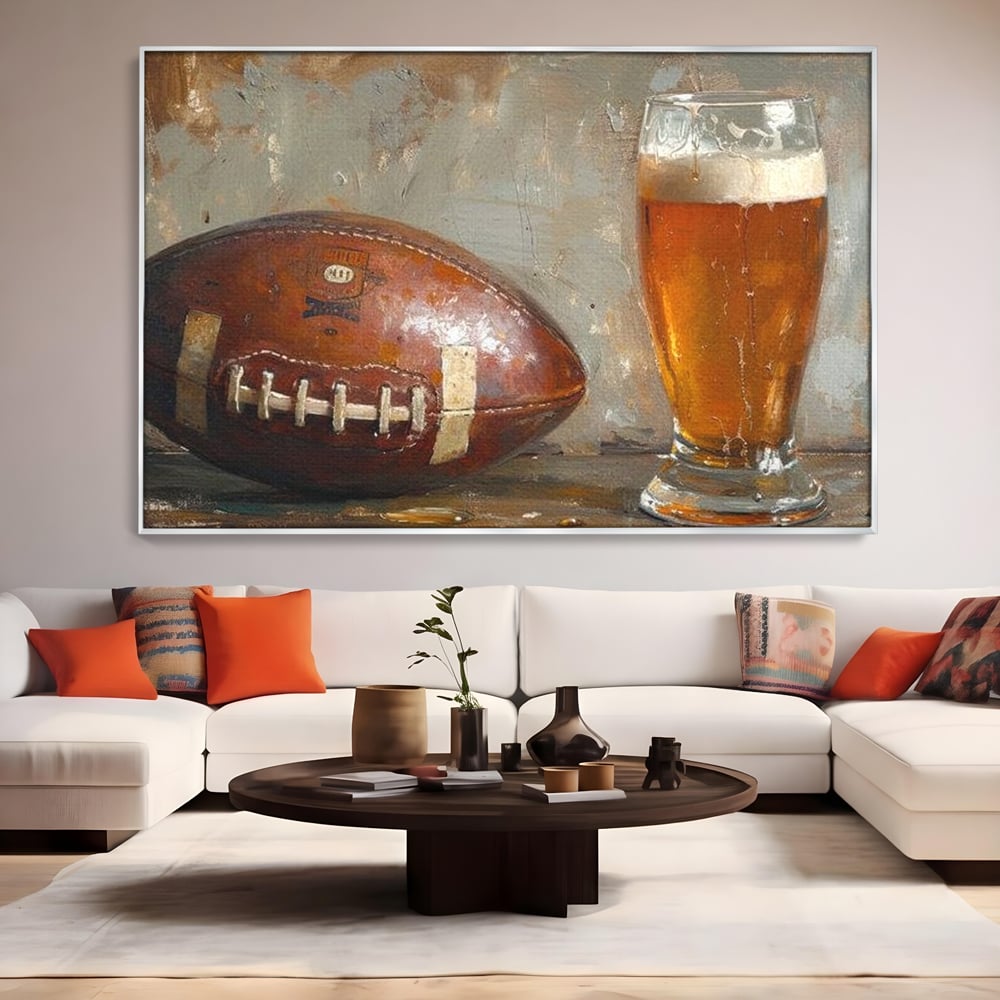 Leinwand Premium Canvas Wandkunst, LuxCanva® N1024, Getränk der Champions, Fußball, Amerikanisch, Ball, Bier, Glas, Schaum, Sport, Spiel, Entspannung, Entspannung, Sieg, Rustikal, Kneipe, Bar, Restaurant, Küche