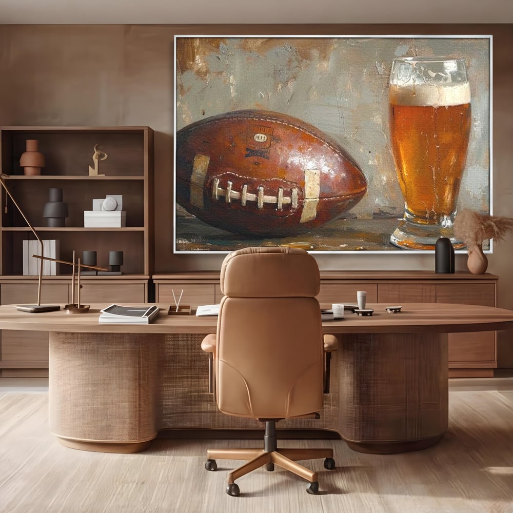 Leinwand Premium Canvas Wandkunst, LuxCanva® N1024, Getränk der Champions, Fußball, Amerikanisch, Ball, Bier, Glas, Schaum, Sport, Spiel, Entspannung, Entspannung, Sieg, Rustikal, Kneipe, Bar, Restaurant, Küche