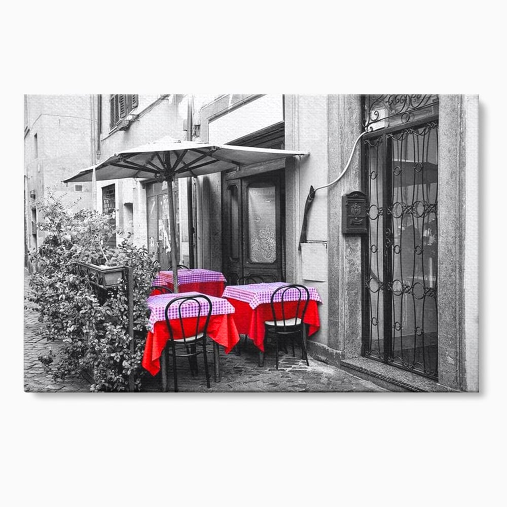 Tablou Canvas Premium, LuxCanva® N1026, Terasa cu Amintiri, Cafenea, Oras, Urban, Intalnire, Alb si Negru, Rosu, Vintage, Strada, Cozy, Mese, Pub, Lounge, Bar, Restaurant, Bucatarie