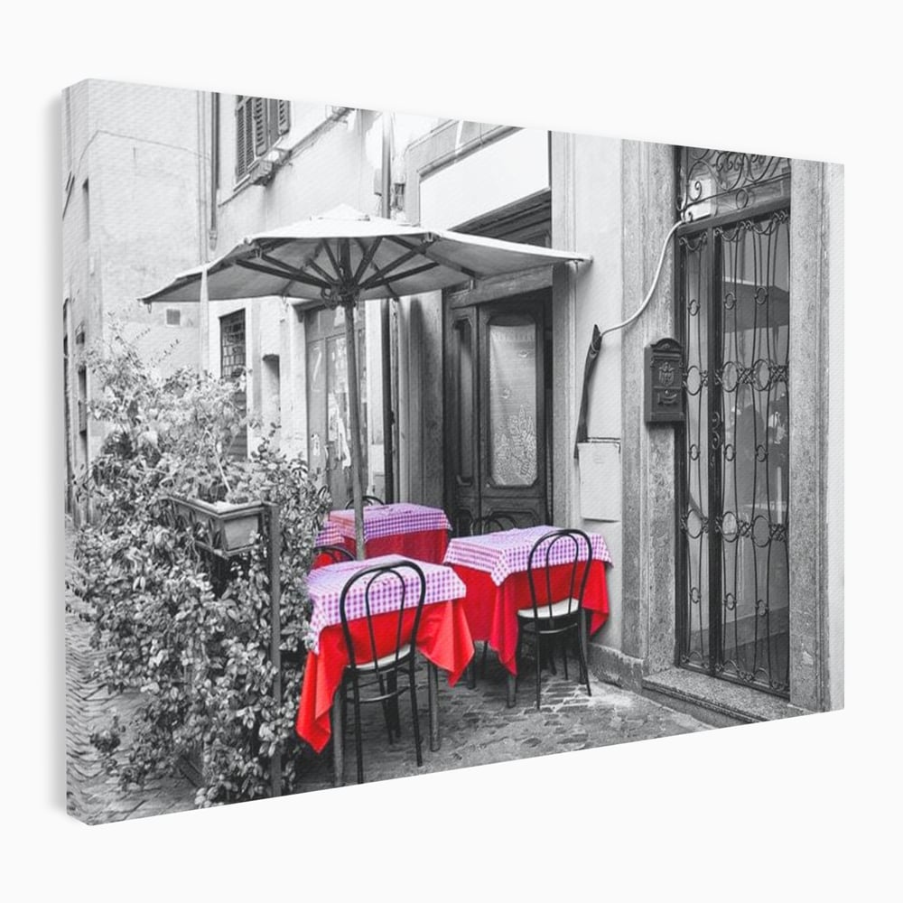 Tablou Canvas Premium, LuxCanva® N1026, Terasa cu Amintiri, Cafenea, Oras, Urban, Intalnire, Alb si Negru, Rosu, Vintage, Strada, Cozy, Mese, Pub, Lounge, Bar, Restaurant, Bucatarie