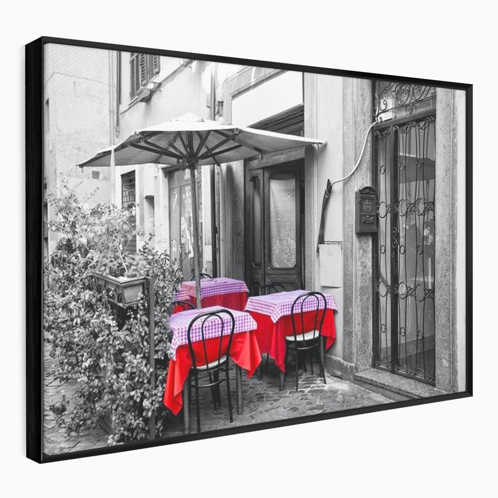 Tablou Canvas Premium, LuxCanva® N1026, Terasa cu Amintiri, Cafenea, Oras, Urban, Intalnire, Alb si Negru, Rosu, Vintage, Strada, Cozy, Mese, Pub, Lounge, Bar, Restaurant, Bucatarie