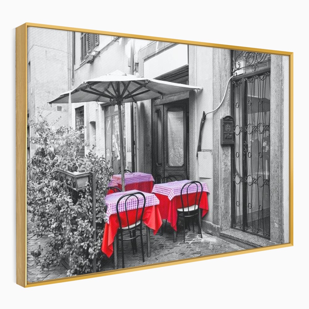 Tablou Canvas Premium, LuxCanva® N1026, Terasa cu Amintiri, Cafenea, Oras, Urban, Intalnire, Alb si Negru, Rosu, Vintage, Strada, Cozy, Mese, Pub, Lounge, Bar, Restaurant, Bucatarie