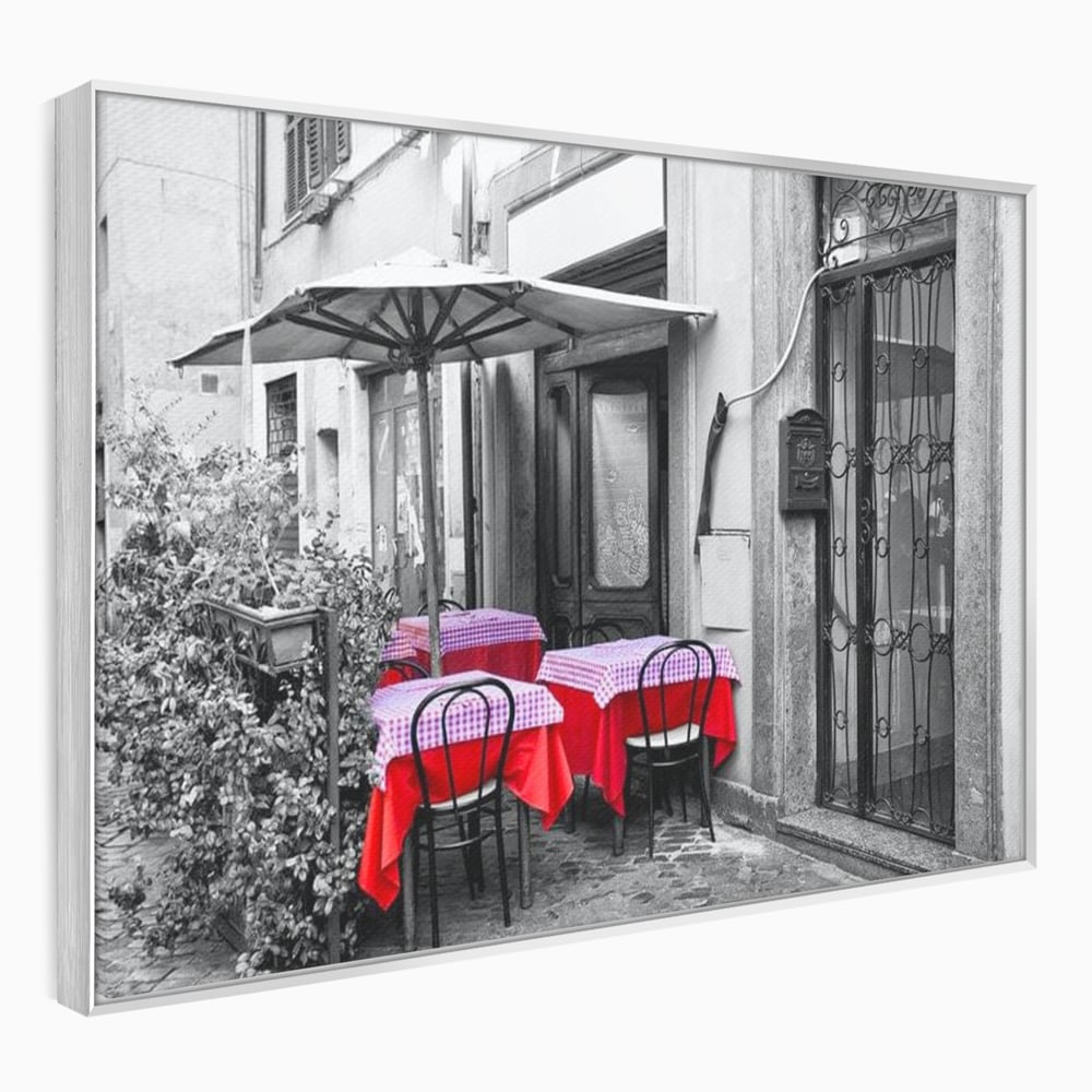 Tablou Canvas Premium, LuxCanva® N1026, Terasa cu Amintiri, Cafenea, Oras, Urban, Intalnire, Alb si Negru, Rosu, Vintage, Strada, Cozy, Mese, Pub, Lounge, Bar, Restaurant, Bucatarie