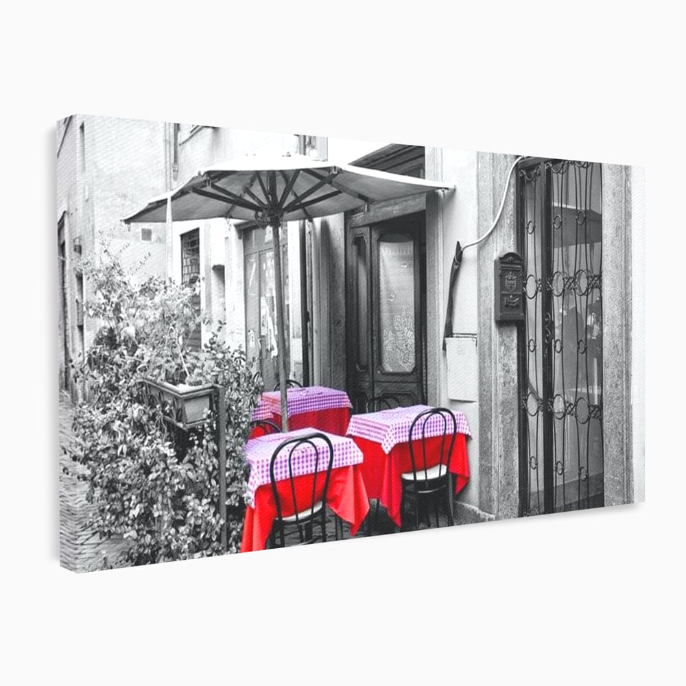 Tablou Canvas Premium, LuxCanva® N1026, Terasa cu Amintiri, Cafenea, Oras, Urban, Intalnire, Alb si Negru, Rosu, Vintage, Strada, Cozy, Mese, Pub, Lounge, Bar, Restaurant, Bucatarie