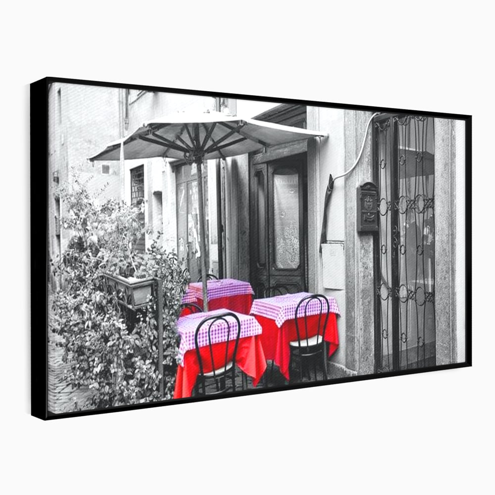 Tablou Canvas Premium, LuxCanva® N1026, Terasa cu Amintiri, Cafenea, Oras, Urban, Intalnire, Alb si Negru, Rosu, Vintage, Strada, Cozy, Mese, Pub, Lounge, Bar, Restaurant, Bucatarie