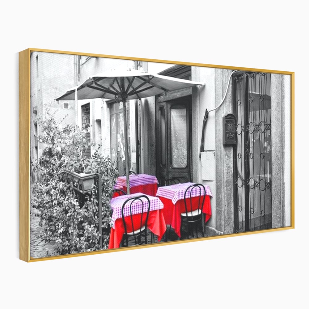 Tablou Canvas Premium, LuxCanva® N1026, Terasa cu Amintiri, Cafenea, Oras, Urban, Intalnire, Alb si Negru, Rosu, Vintage, Strada, Cozy, Mese, Pub, Lounge, Bar, Restaurant, Bucatarie