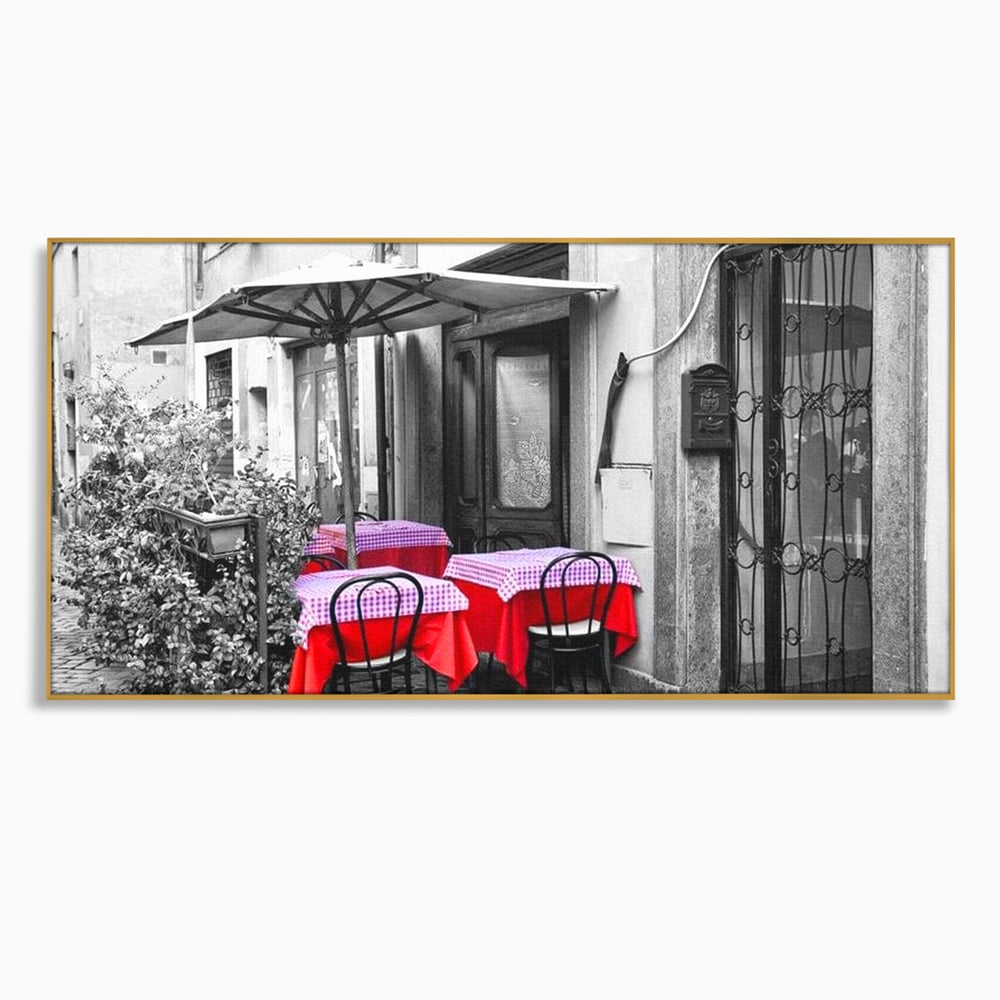 Tablou Canvas Premium, LuxCanva® N1026, Terasa cu Amintiri, Cafenea, Oras, Urban, Intalnire, Alb si Negru, Rosu, Vintage, Strada, Cozy, Mese, Pub, Lounge, Bar, Restaurant, Bucatarie