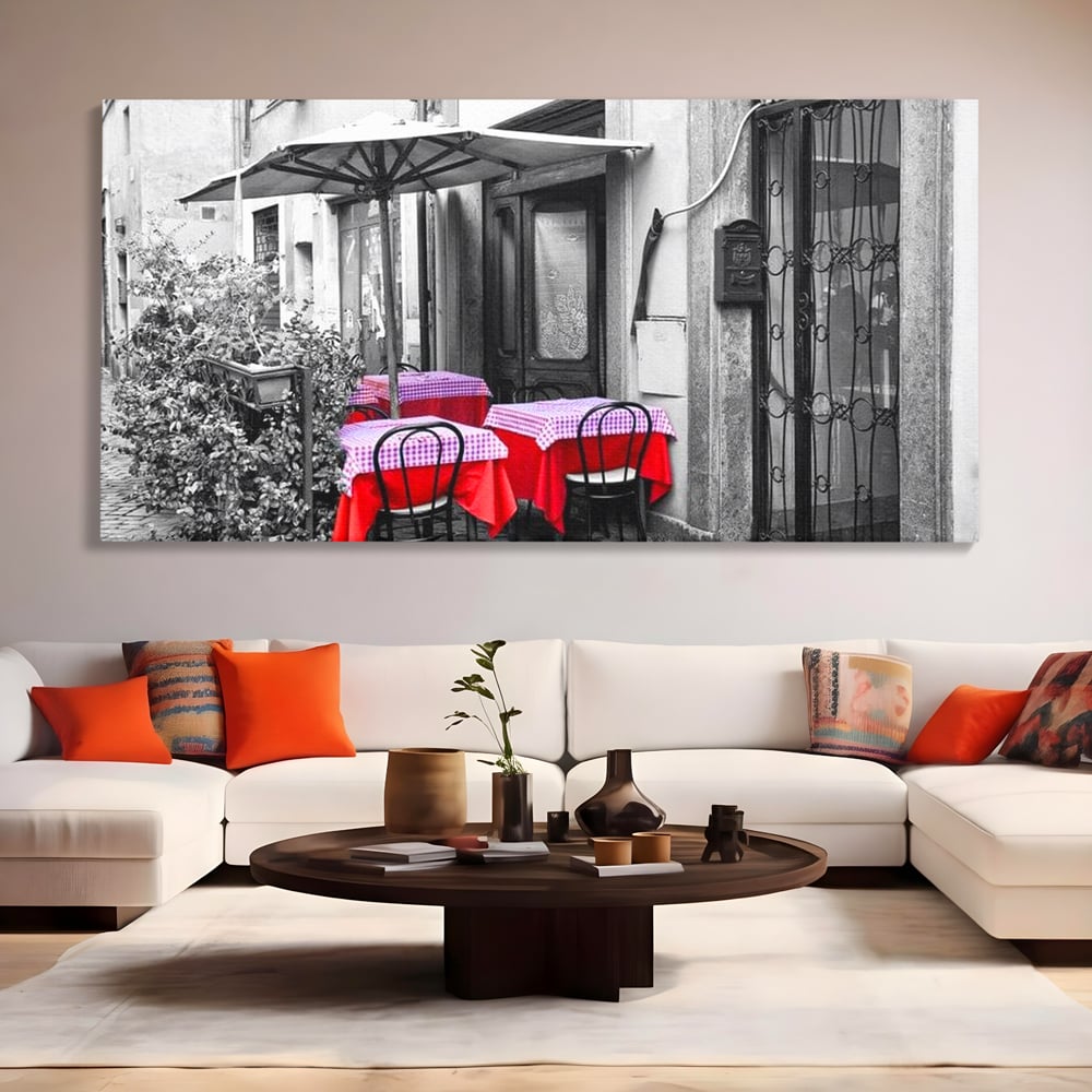 Tablou Canvas Premium, LuxCanva® N1026, Terasa cu Amintiri, Cafenea, Oras, Urban, Intalnire, Alb si Negru, Rosu, Vintage, Strada, Cozy, Mese, Pub, Lounge, Bar, Restaurant, Bucatarie