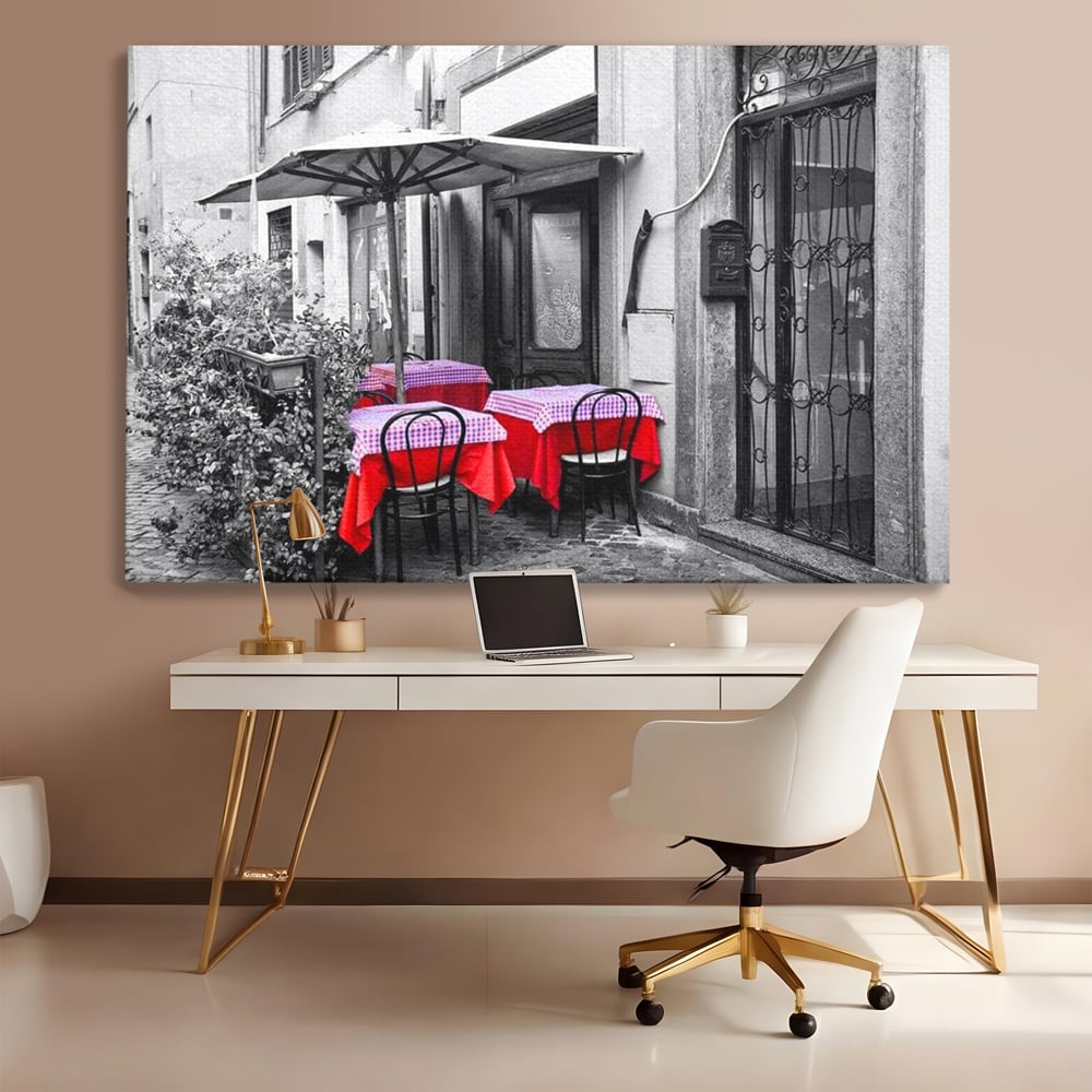 Tablou Canvas Premium, LuxCanva® N1026, Terasa cu Amintiri, Cafenea, Oras, Urban, Intalnire, Alb si Negru, Rosu, Vintage, Strada, Cozy, Mese, Pub, Lounge, Bar, Restaurant, Bucatarie