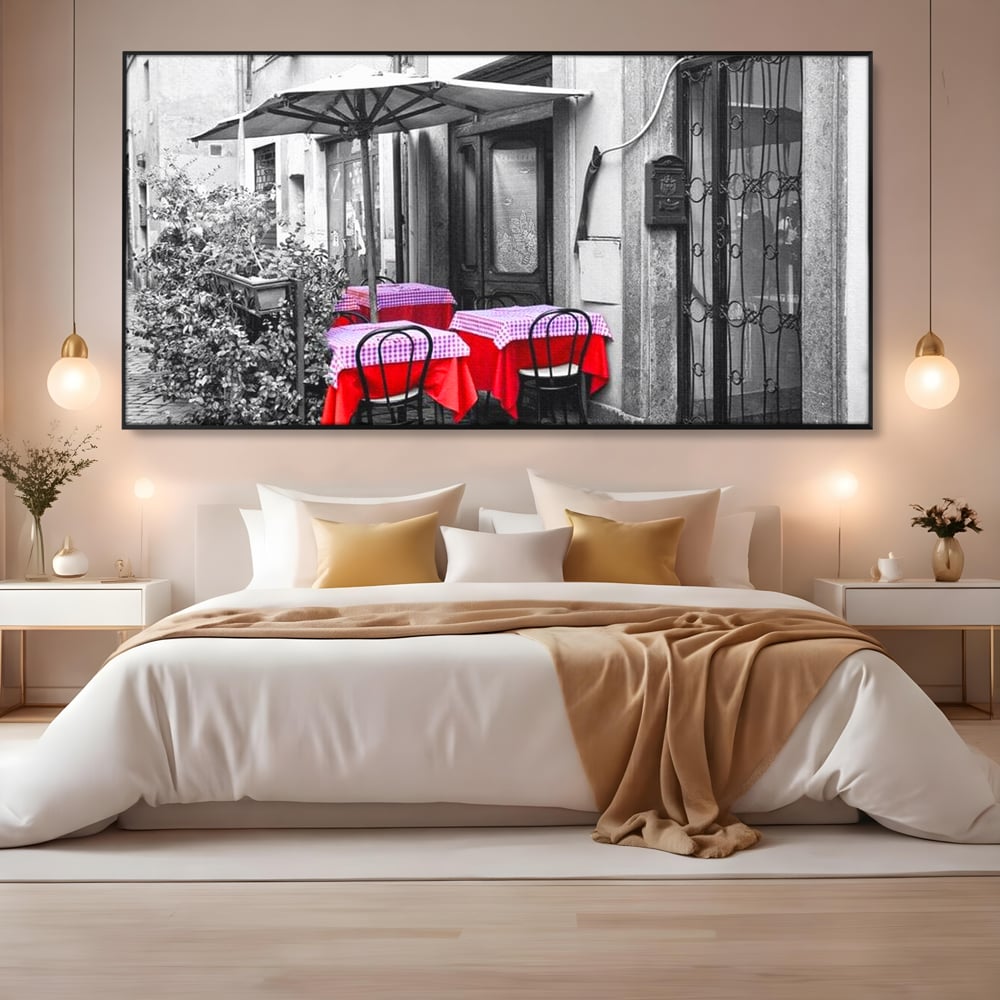 Tablou Canvas Premium, LuxCanva® N1026, Terasa cu Amintiri, Cafenea, Oras, Urban, Intalnire, Alb si Negru, Rosu, Vintage, Strada, Cozy, Mese, Pub, Lounge, Bar, Restaurant, Bucatarie