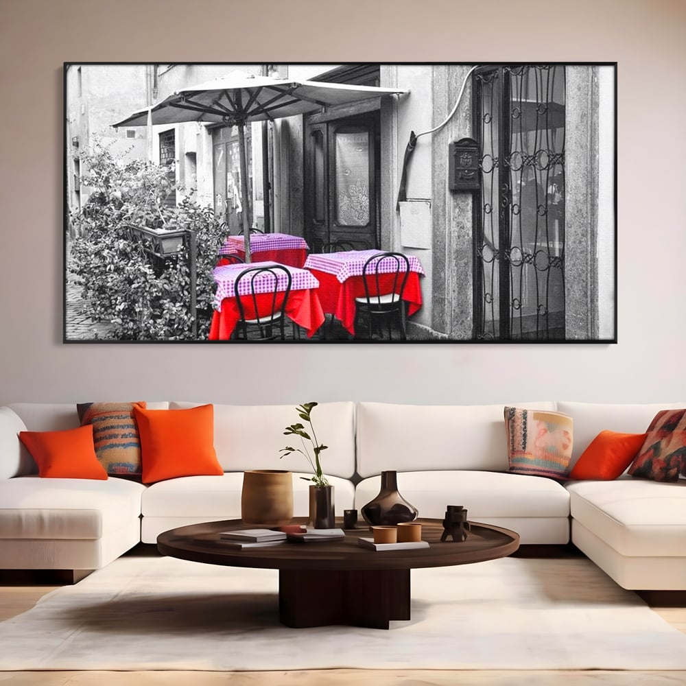 Tablou Canvas Premium, LuxCanva® N1026, Terasa cu Amintiri, Cafenea, Oras, Urban, Intalnire, Alb si Negru, Rosu, Vintage, Strada, Cozy, Mese, Pub, Lounge, Bar, Restaurant, Bucatarie