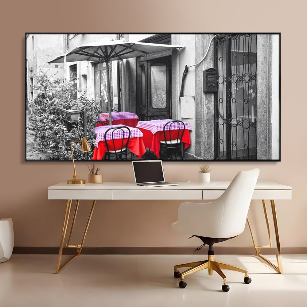 Tablou Canvas Premium, LuxCanva® N1026, Terasa cu Amintiri, Cafenea, Oras, Urban, Intalnire, Alb si Negru, Rosu, Vintage, Strada, Cozy, Mese, Pub, Lounge, Bar, Restaurant, Bucatarie