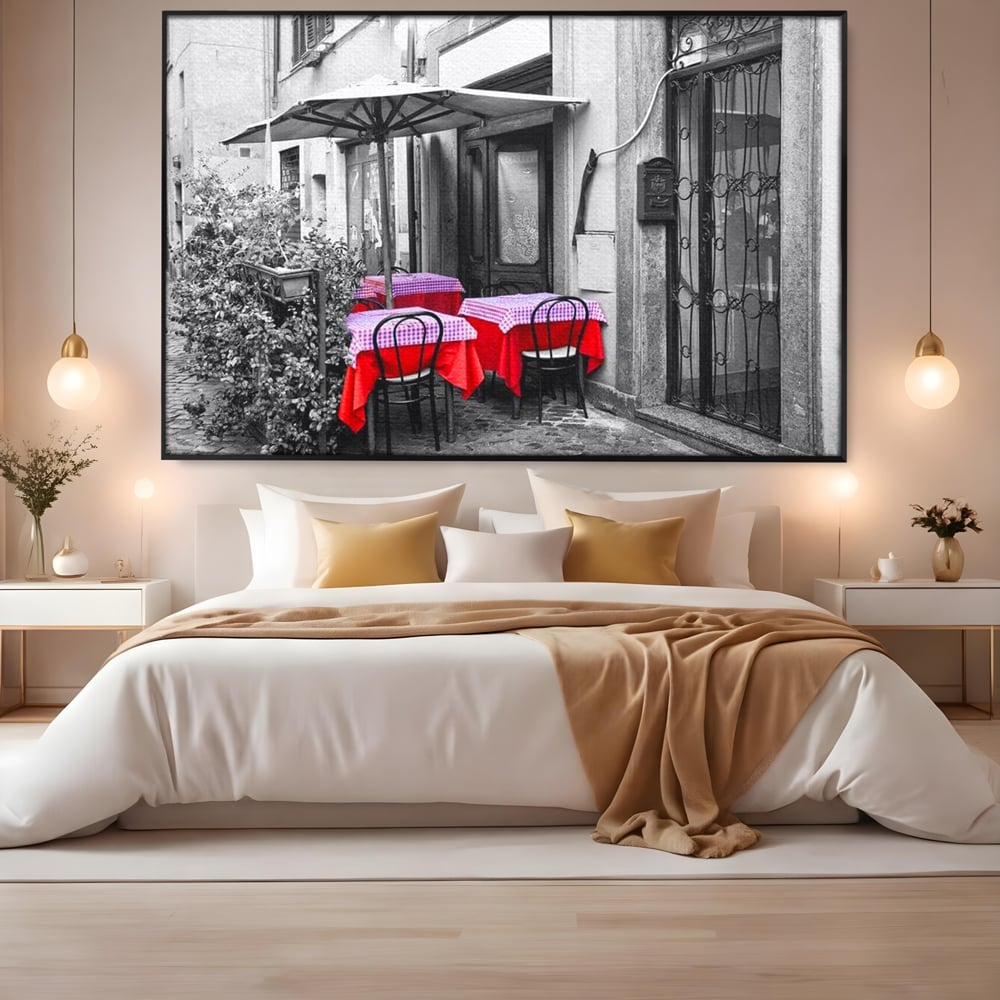 Tablou Canvas Premium, LuxCanva® N1026, Terasa cu Amintiri, Cafenea, Oras, Urban, Intalnire, Alb si Negru, Rosu, Vintage, Strada, Cozy, Mese, Pub, Lounge, Bar, Restaurant, Bucatarie