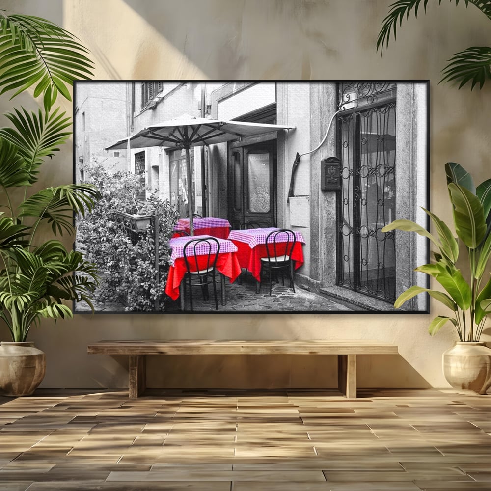 Tablou Canvas Premium, LuxCanva® N1026, Terasa cu Amintiri, Cafenea, Oras, Urban, Intalnire, Alb si Negru, Rosu, Vintage, Strada, Cozy, Mese, Pub, Lounge, Bar, Restaurant, Bucatarie
