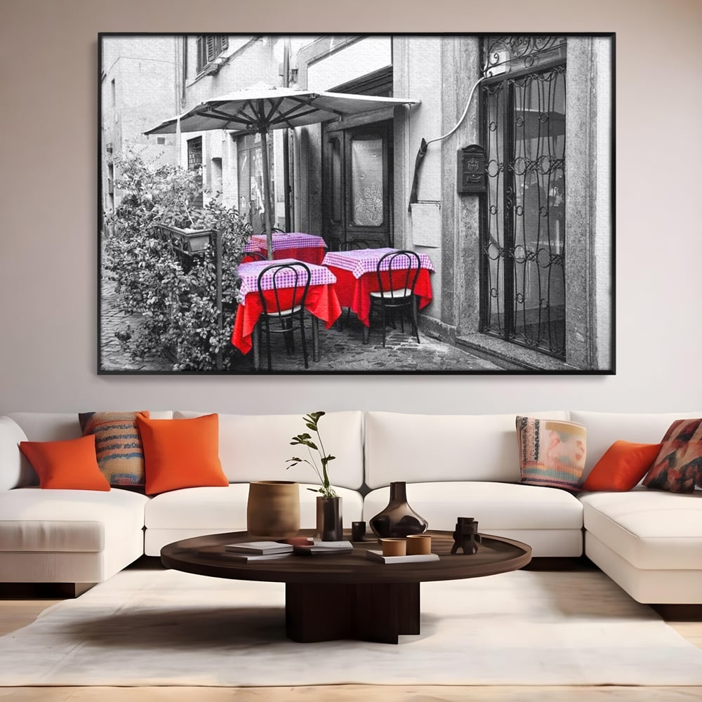 Tablou Canvas Premium, LuxCanva® N1026, Terasa cu Amintiri, Cafenea, Oras, Urban, Intalnire, Alb si Negru, Rosu, Vintage, Strada, Cozy, Mese, Pub, Lounge, Bar, Restaurant, Bucatarie