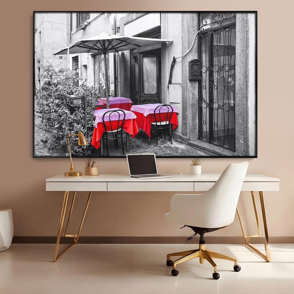 Tablou Canvas Premium, LuxCanva® N1026, Terasa cu Amintiri, Cafenea, Oras, Urban, Intalnire, Alb si Negru, Rosu, Vintage, Strada, Cozy, Mese, Pub, Lounge, Bar, Restaurant, Bucatarie