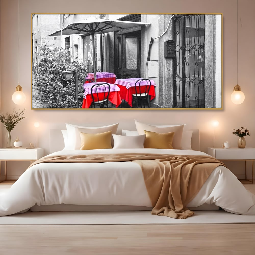 Tablou Canvas Premium, LuxCanva® N1026, Terasa cu Amintiri, Cafenea, Oras, Urban, Intalnire, Alb si Negru, Rosu, Vintage, Strada, Cozy, Mese, Pub, Lounge, Bar, Restaurant, Bucatarie