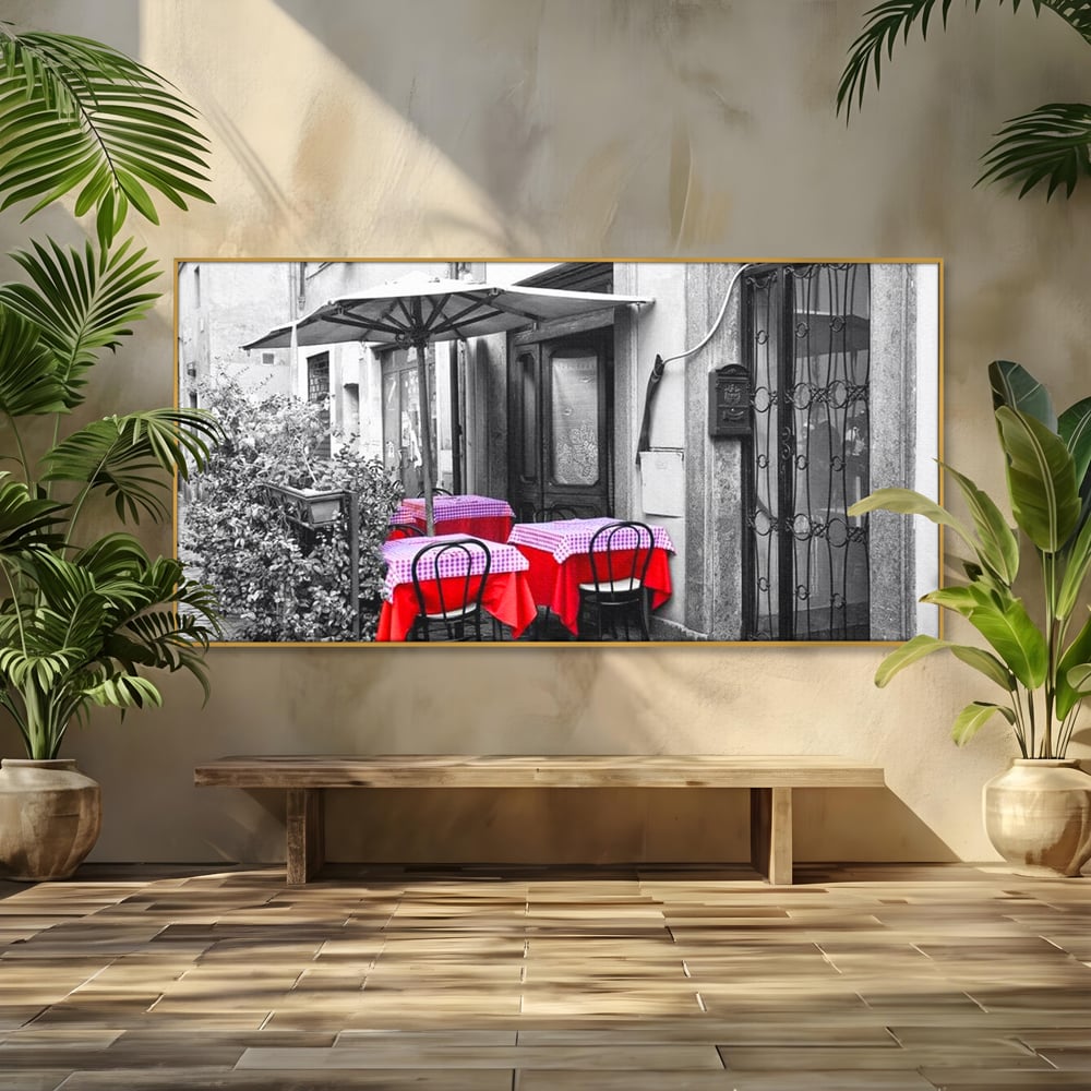 Tablou Canvas Premium, LuxCanva® N1026, Terasa cu Amintiri, Cafenea, Oras, Urban, Intalnire, Alb si Negru, Rosu, Vintage, Strada, Cozy, Mese, Pub, Lounge, Bar, Restaurant, Bucatarie