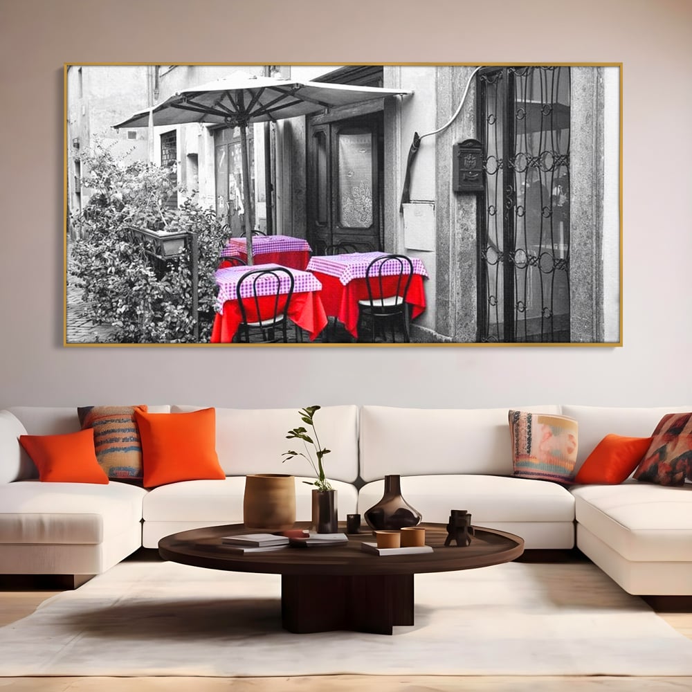 Tablou Canvas Premium, LuxCanva® N1026, Terasa cu Amintiri, Cafenea, Oras, Urban, Intalnire, Alb si Negru, Rosu, Vintage, Strada, Cozy, Mese, Pub, Lounge, Bar, Restaurant, Bucatarie