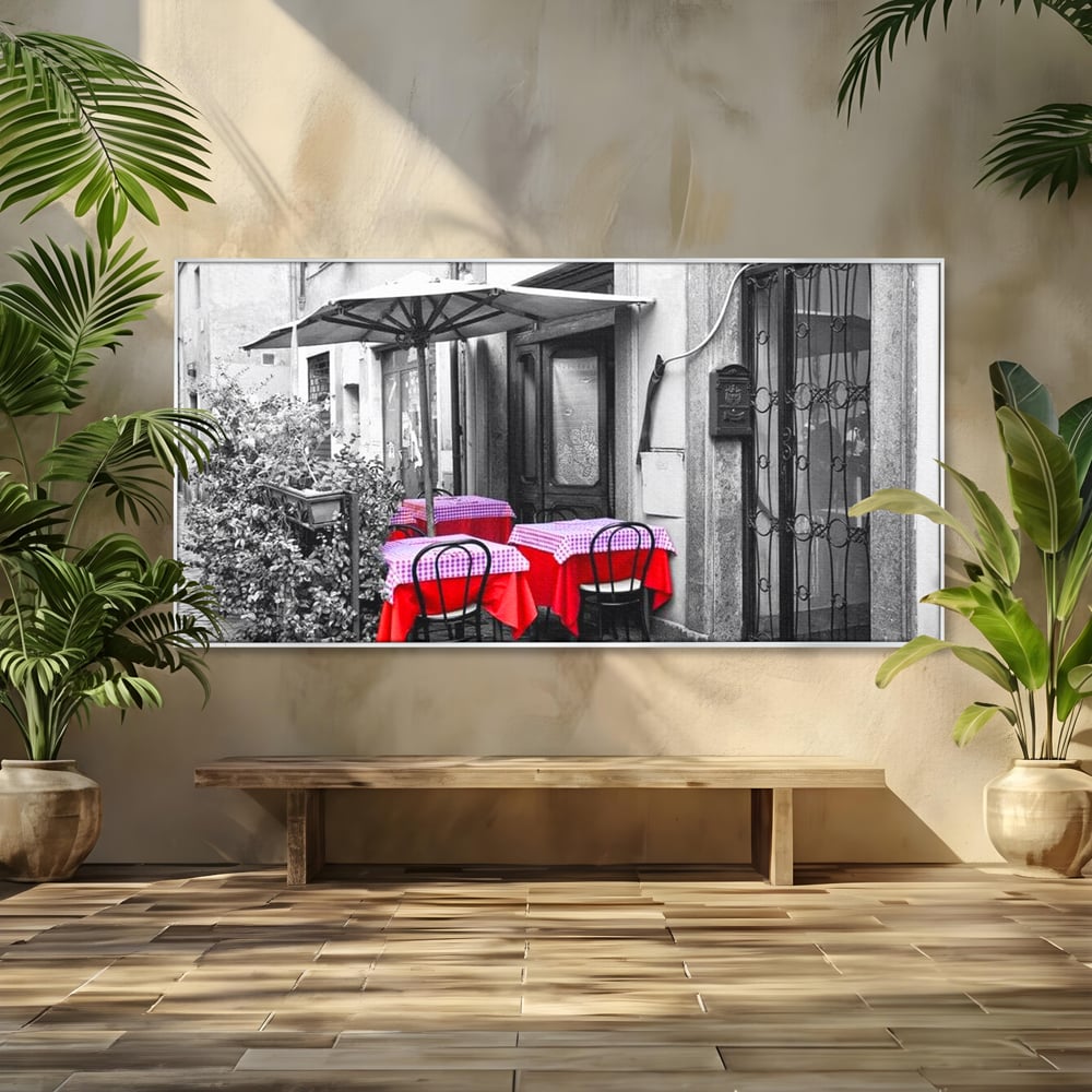 Tablou Canvas Premium, LuxCanva® N1026, Terasa cu Amintiri, Cafenea, Oras, Urban, Intalnire, Alb si Negru, Rosu, Vintage, Strada, Cozy, Mese, Pub, Lounge, Bar, Restaurant, Bucatarie