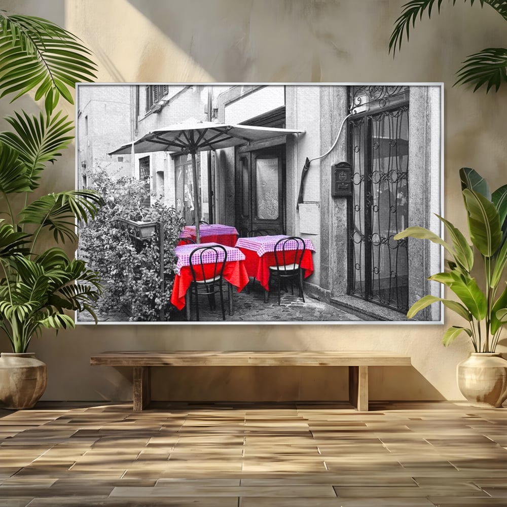 Tablou Canvas Premium, LuxCanva® N1026, Terasa cu Amintiri, Cafenea, Oras, Urban, Intalnire, Alb si Negru, Rosu, Vintage, Strada, Cozy, Mese, Pub, Lounge, Bar, Restaurant, Bucatarie