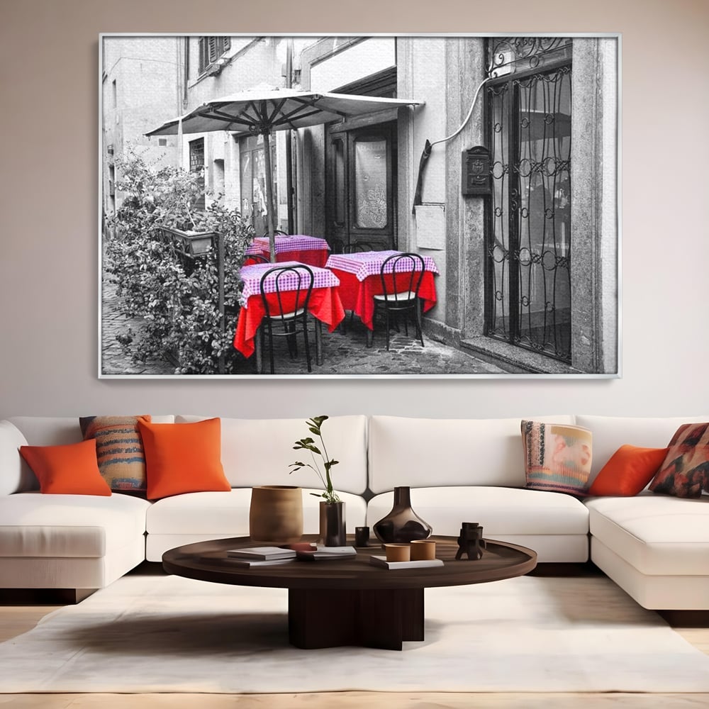 Tablou Canvas Premium, LuxCanva® N1026, Terasa cu Amintiri, Cafenea, Oras, Urban, Intalnire, Alb si Negru, Rosu, Vintage, Strada, Cozy, Mese, Pub, Lounge, Bar, Restaurant, Bucatarie