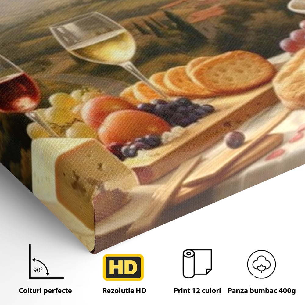 Tablou Canvas Premium, LuxCanva® N1027, Delicii la Apus, Natura, Vin, Struguri, Mancare, Bautura, Ospat, Traditional, Rustic, Apus, Festin, Toamna, Peisaj, Priveliste, Restaurant, Bucatarie