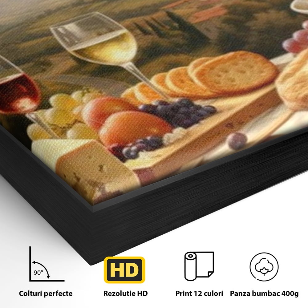 Tablou Canvas Premium, LuxCanva® N1027, Delicii la Apus, Natura, Vin, Struguri, Mancare, Bautura, Ospat, Traditional, Rustic, Apus, Festin, Toamna, Peisaj, Priveliste, Restaurant, Bucatarie